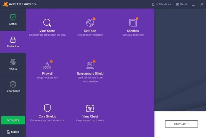 User interface of Avast